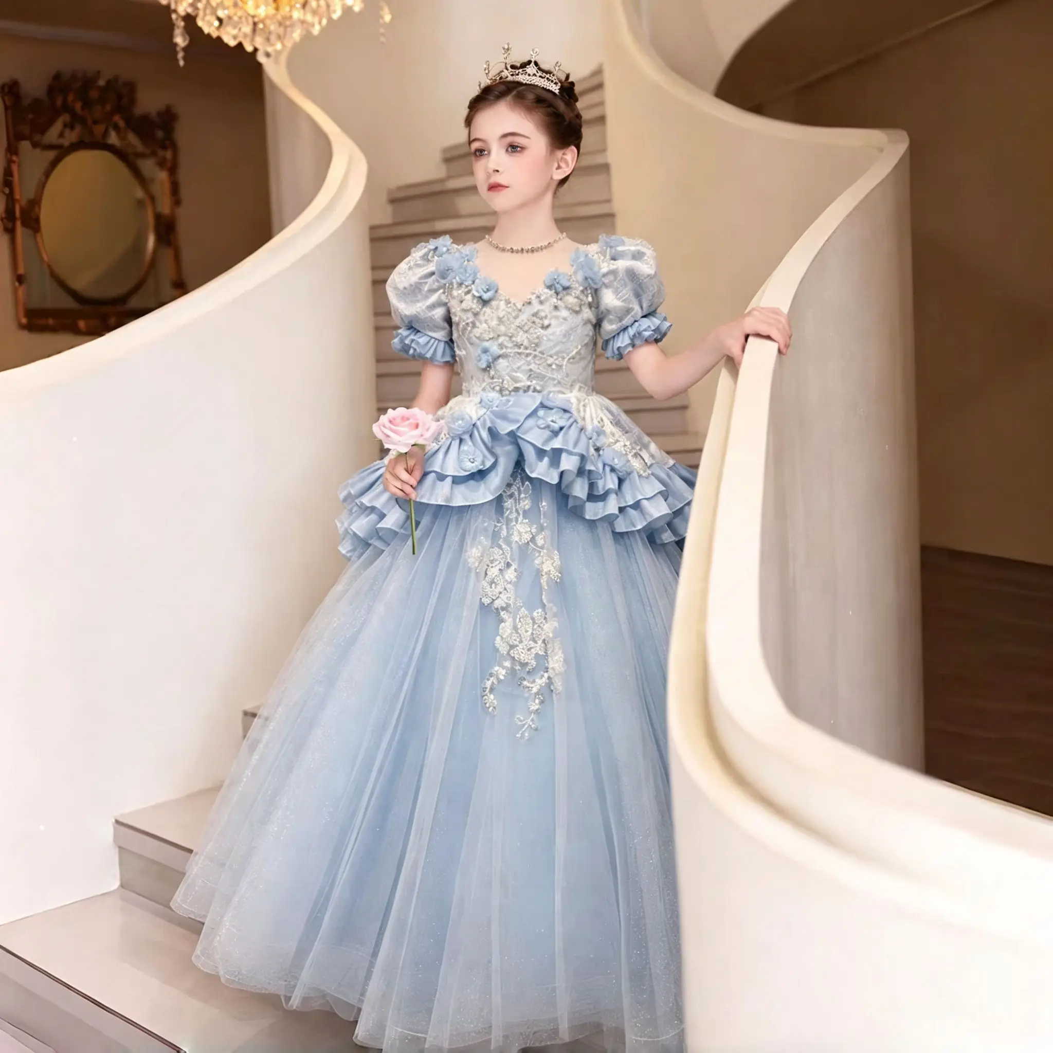 Dreamy Vow D382 Blue Flower Girl Gown, Tulle Lace Beaded Embroidered Princess Ball Gown, Girls Maxi for Wedding Pageant Ceremony
