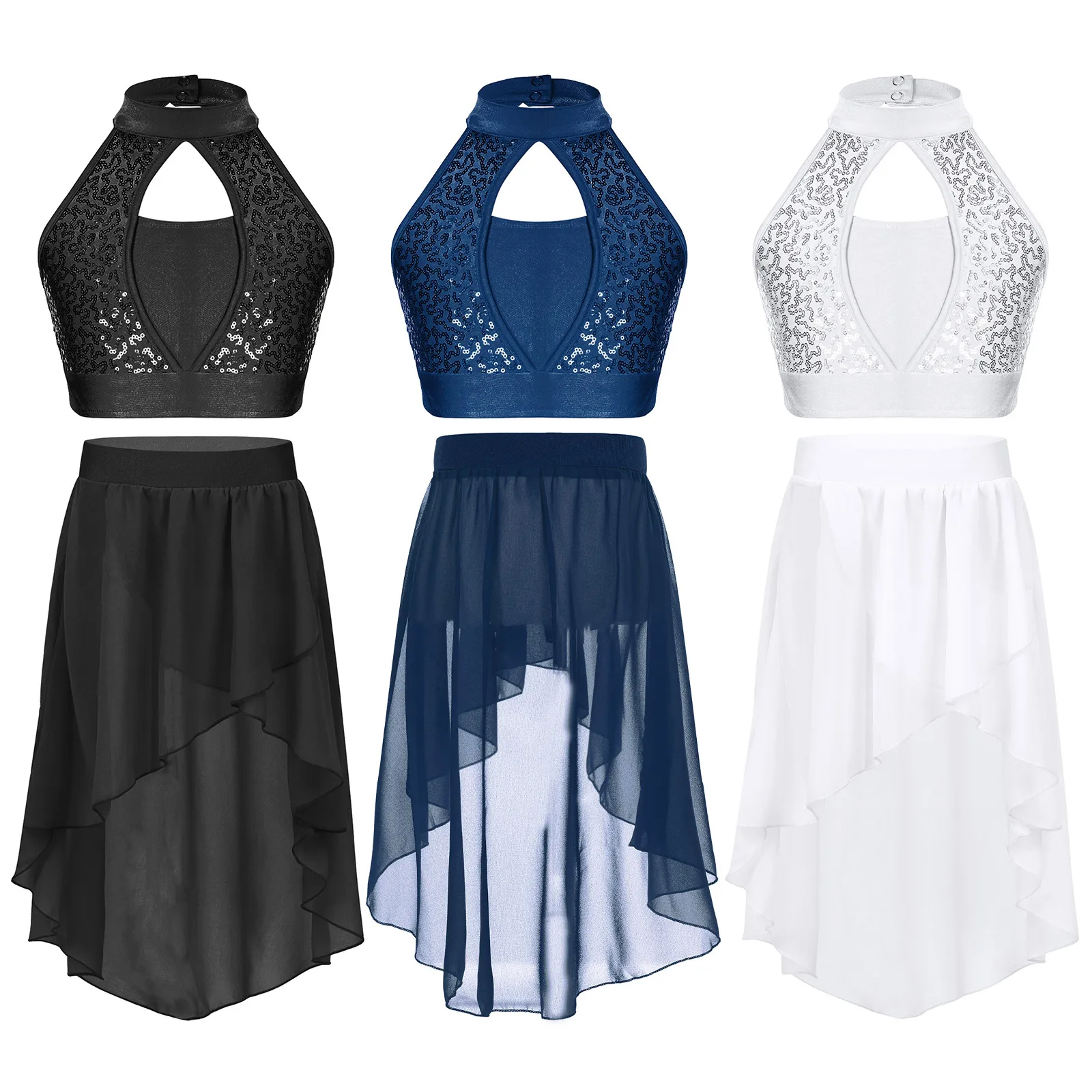

Girls Ballet Modern Dance Performance Outfits Sequin Sleeveless Crop Top with Skirt Kids Cheerleading Dance Figure Skating Set