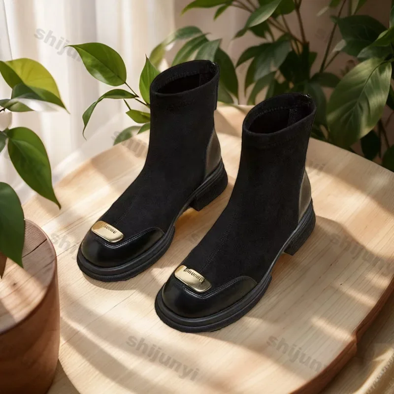 

Женские модные ботильоны на платформе в стиле пэчворк, осенние эластичные ботинки без шнуровки на толстом каблуке, женские туфли на молнии сзади на массивном каблуке Botas Mujer