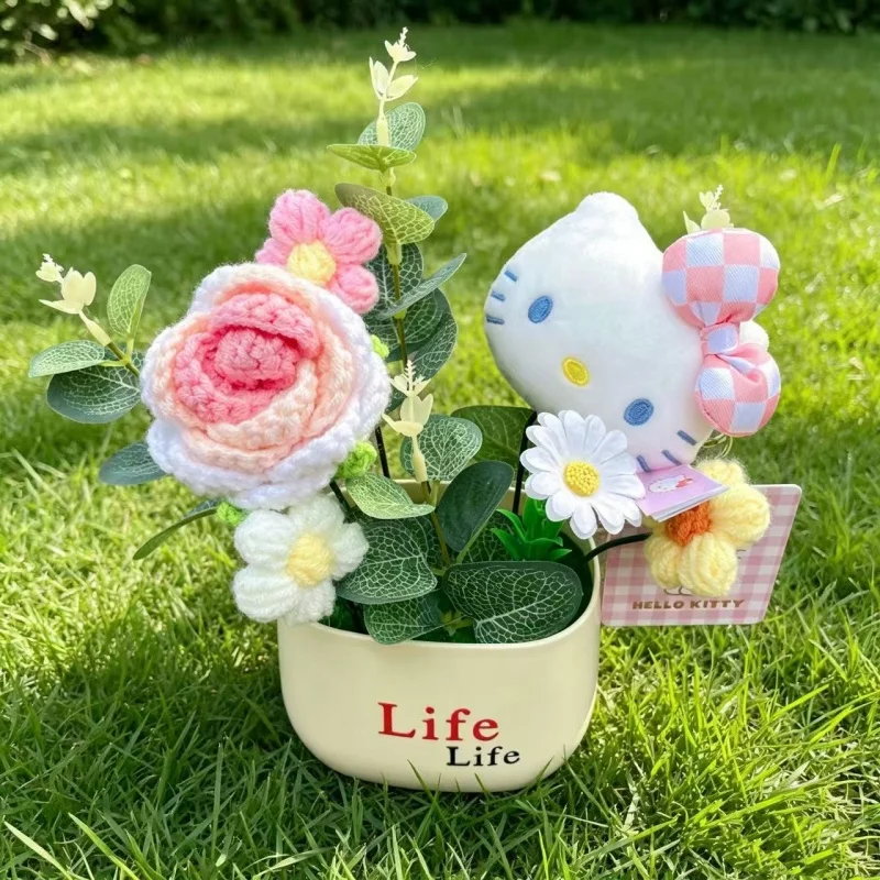 Echte Hellokitty Plüschtiere mit Gehäkelten Blumen Kreative Sträuße Tischdekoration für Zuhause Weihnachts- Geburtstags- und Neujahrsgeschenk – Detail 1