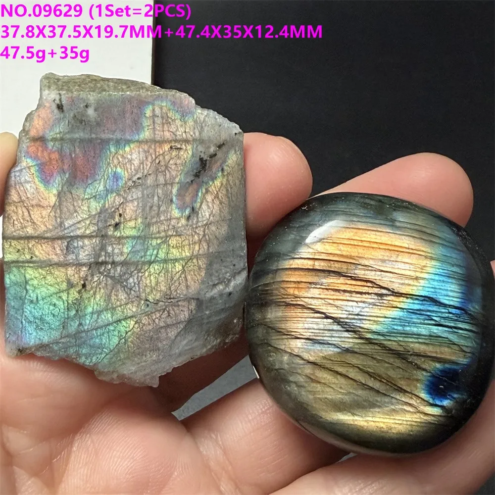 1SET 2PCS Natural Bright Golden Yellow Light Sliced Labradorite Ornaments Blue Green Purple Pink Light Labrador Stones Blocks