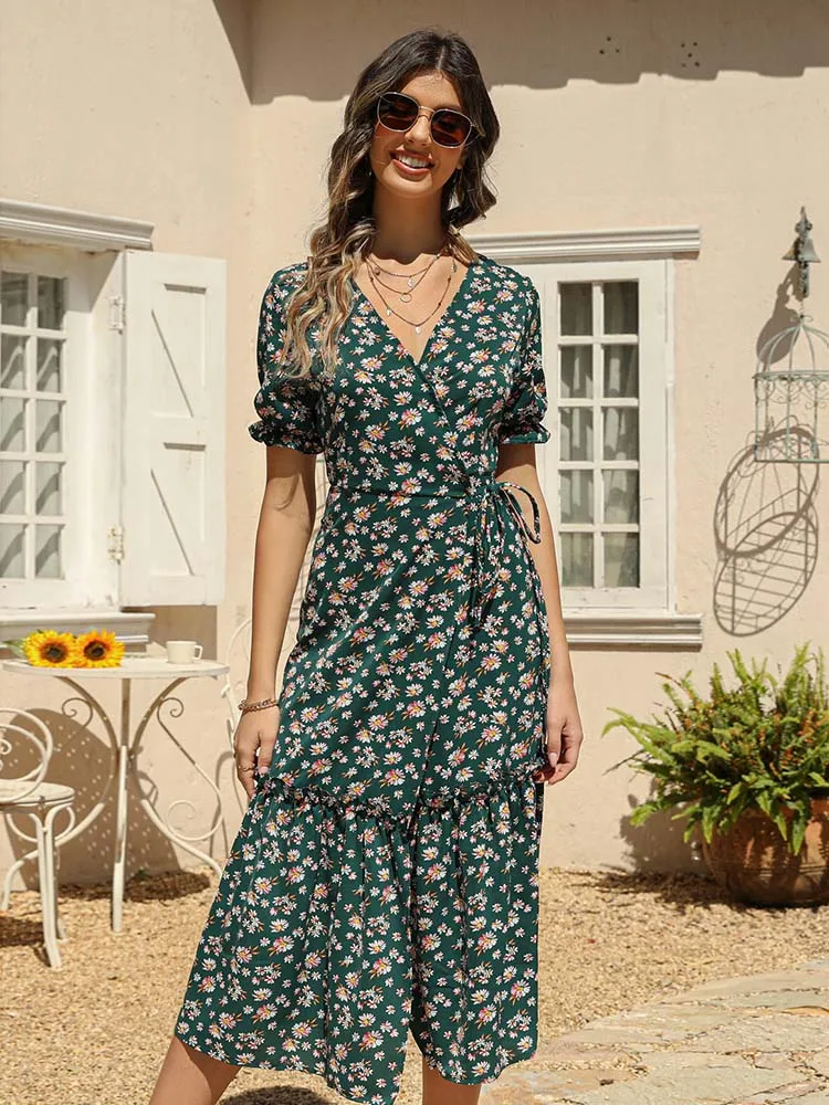 Vestido de verano de gasa con estampado Floral para mujer, vestido largo informal de manga corta con abertura y escote en V, estilo bohemio para playa