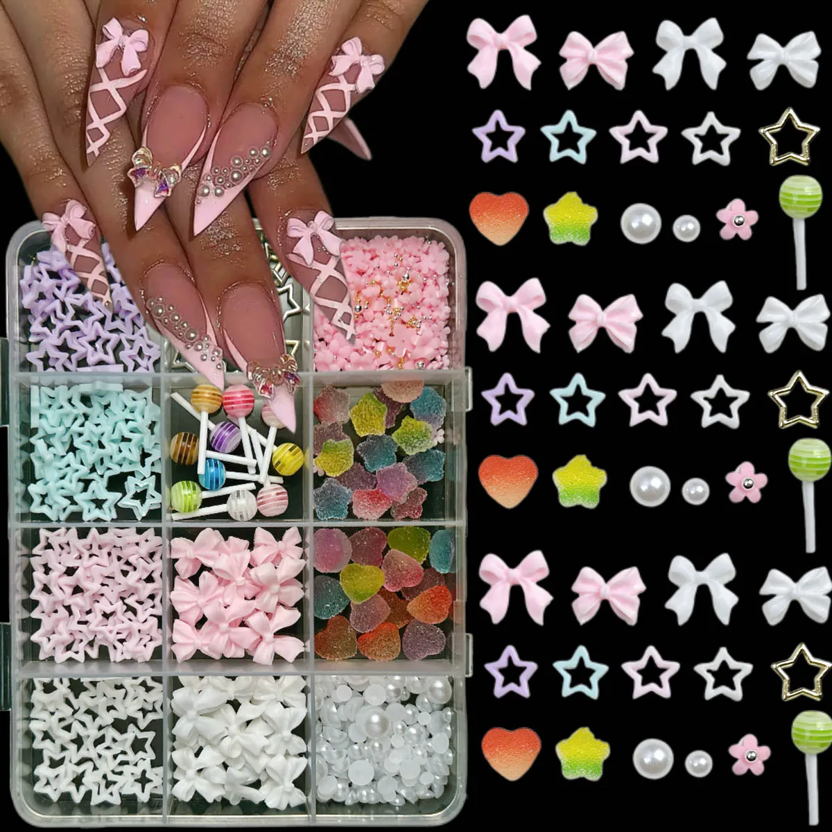 1箱入り スイートリボンボウ ミニ五弁花 レジンネイルアートデコレーション 3Dシミュレーションキャンディー ホロースターネイルチャーム DIYネイル