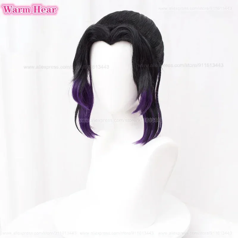 Kochou Shinobu Sintetico 35 cm Nero Viola Sfumato Bella Coda di Cavallo Capelli Cosplay Parrucche Resistenti Al Calore Halloween + Protezione Della Parrucca
