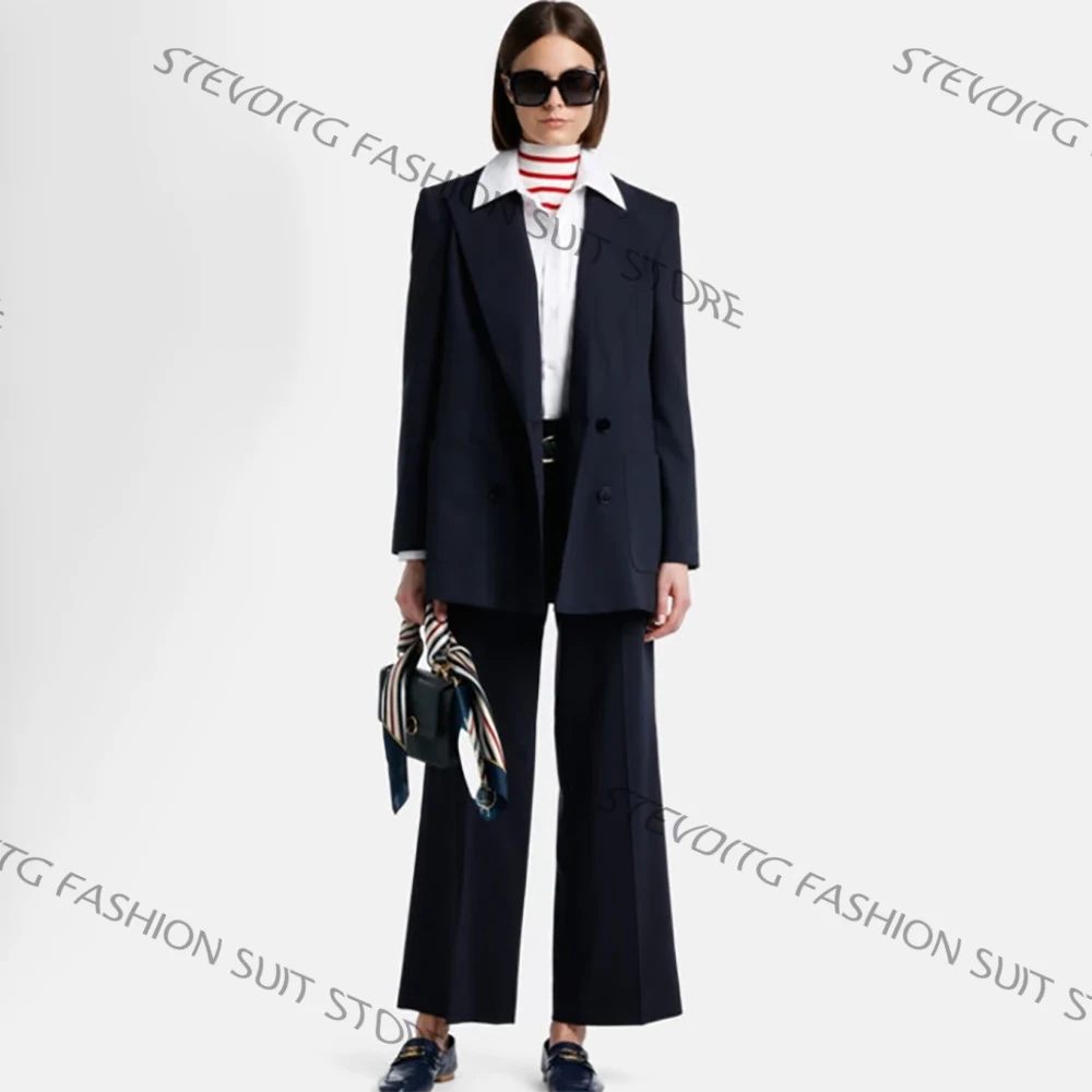 Classic Women's Navy Blue Double Breasted Suit 2 Pieces Jacket Wide Leg Pants Set Formal Business Office Lady Outerwears
