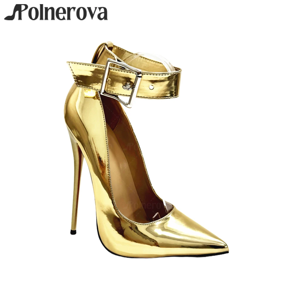 16cm Lock Pumps Sexy Pointed Stilettos Ankle Buckle Patent Leather High Heels Designer Metallic Lock Belt Buckle Lacquered Heels