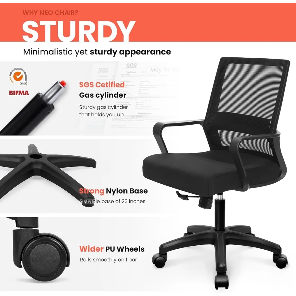 Office Chair Computer Chair Ergonomic Mid Back Mesh Cushion with Wheels Lumbar Support Comfy Swivel Adjustable Rolling Home