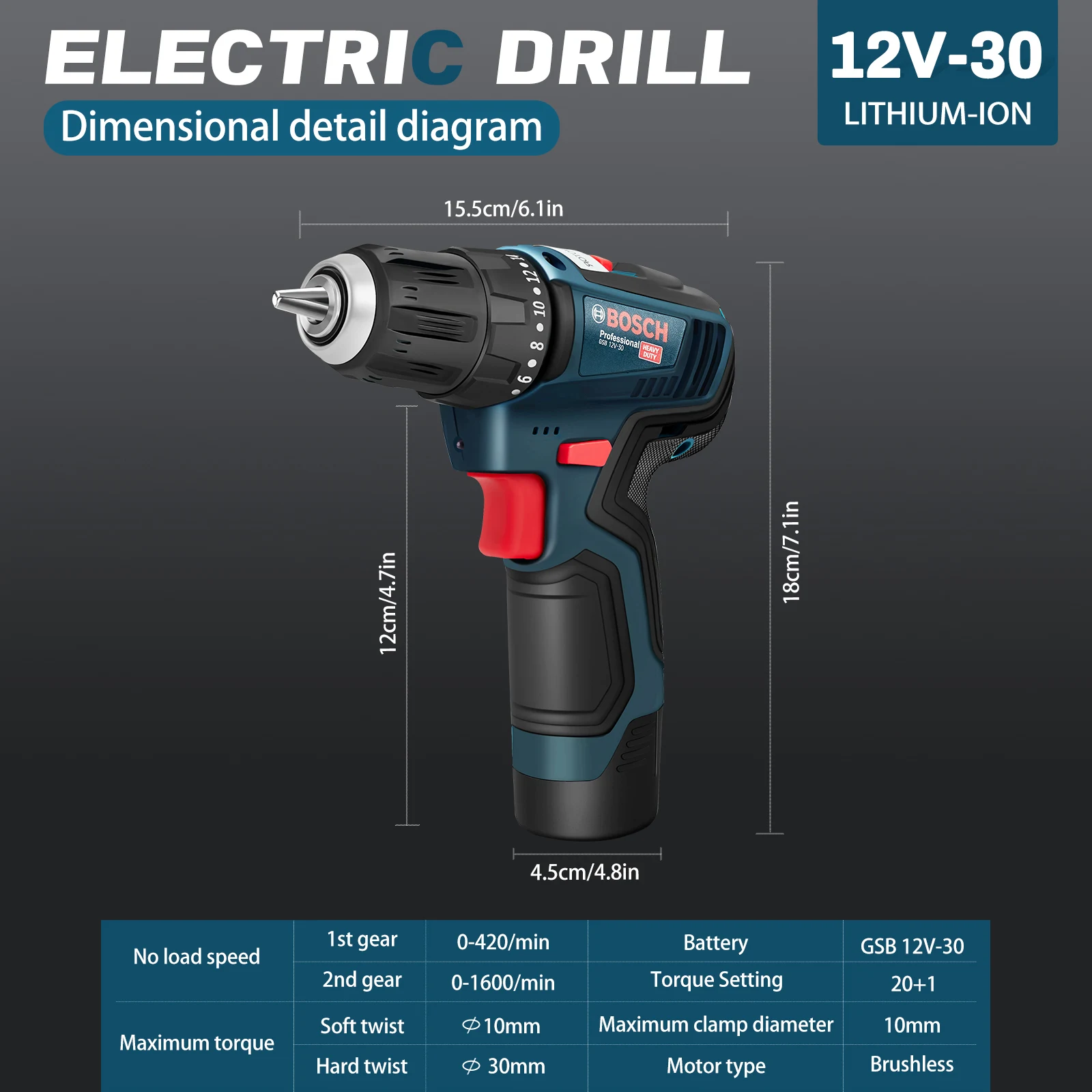 BOSCH GSB 12V-30 Cordless Driver Professional Heavy Duty Electric Drill Multifunctional Household DIY Power Tool