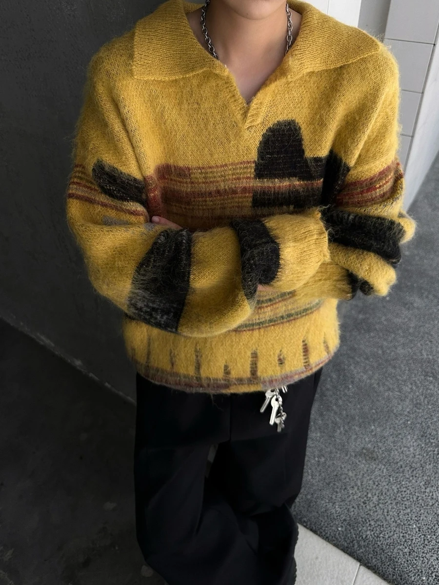 

American Sle Casual Loose Knitted Sweater Collared Color Blo Lazy Bf Sle Autumn Faionable Men Women Hooded Long Sve