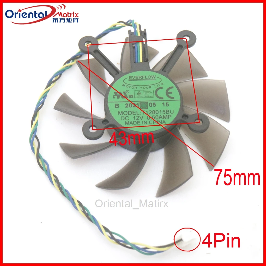 R128015BU DC 12V 0.50AMP 4Pin 75mm For ASUS GTX1030 1050 1050ti Phoenix GPU Cooling Fan