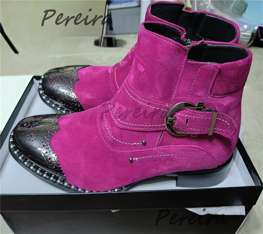 

Multi Style Iron Toe Men's Short Boots Trendy Metal Buckle Round Toe Low Heel Chelsea Booties Spring Autumn Party Banquet Shoes