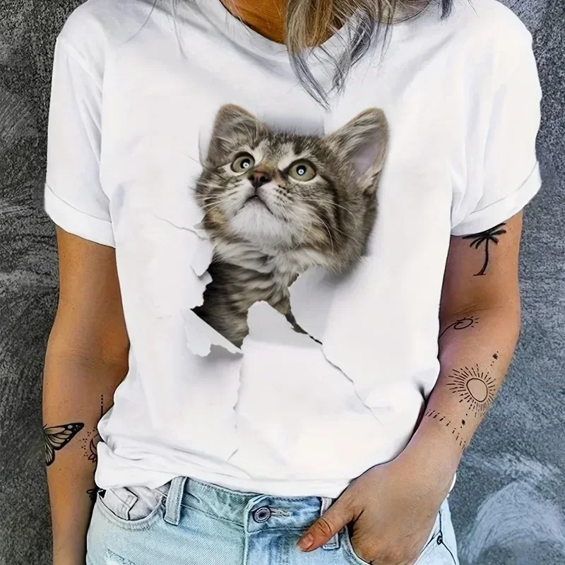 

Women's Clothing Pattern Cartoon Cat Women's Harajuku Short Sleeve Casual Women's Clothing Street Tops Tees Aesthetic Clothes
