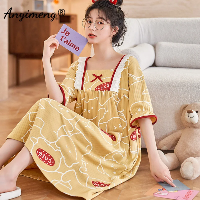 New Summer Kawaii Bear Printing Women Nightdress Close Skin Breathe Freely Homedress M-3XL Soft Cotton Loose Woman Nightgowns