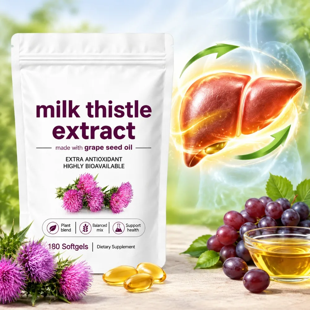 Milk Thistle Extract Softgels Softgels 300mg for Liver detoxification, metabolism, antioxidant Support with Grape Seed Oil 180Ct