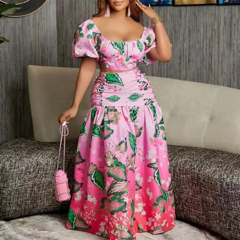 

2024 New Fashion Casual Leaf Gradient Print Two-Piece Set Women's Clothing Cross-Border Style Comfortable Fit plus Size Dress