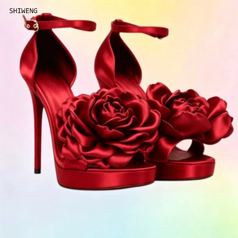 2026 Women Red Satin 3D Rose Floral Open Toe Platform Stiletto Heel SandalsA nkle Strap High Heels for Wedding Dress Footwear