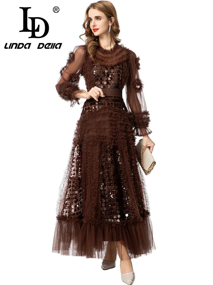 فستان LD LINDA DELL مطرز بالترتر بحافة مكشكشة بلون القهوة فستان مثير للولائم شبكي بأكمام طويلة ورقبة فستان نسائي عصري