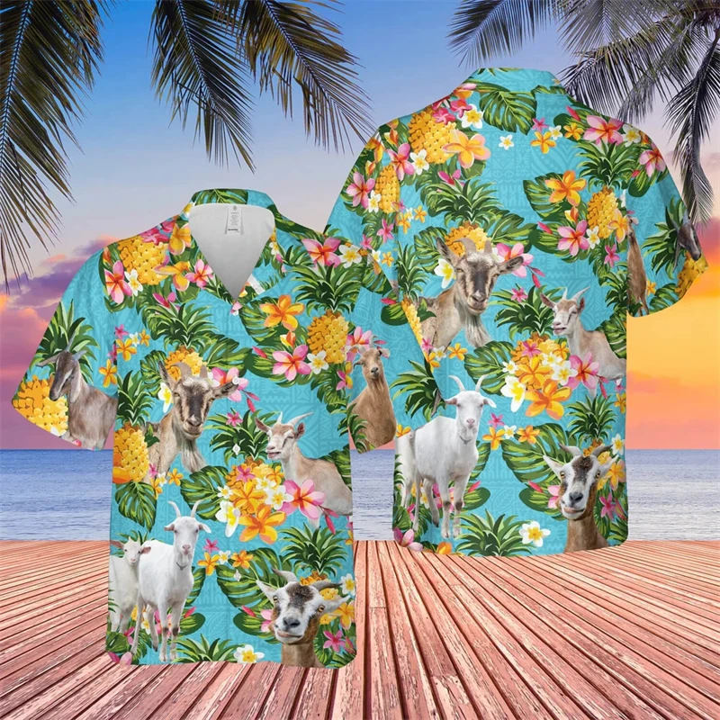 Men\'s Hawaii Summer Pig Alpaca 3d Print Casual Shirts Hawaiian Beach Animal Pattern Funny Short Sleeve Camisa Cool Design Blouse