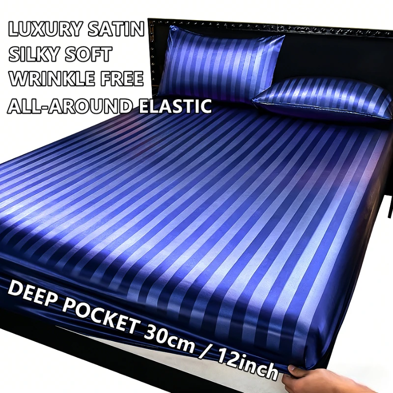 Luxury Satin Striped with Elastic Band Fitted Sheet Silky Soft Deep Pocket Bed Cover Standard Size Twin Full Queen King Bedding