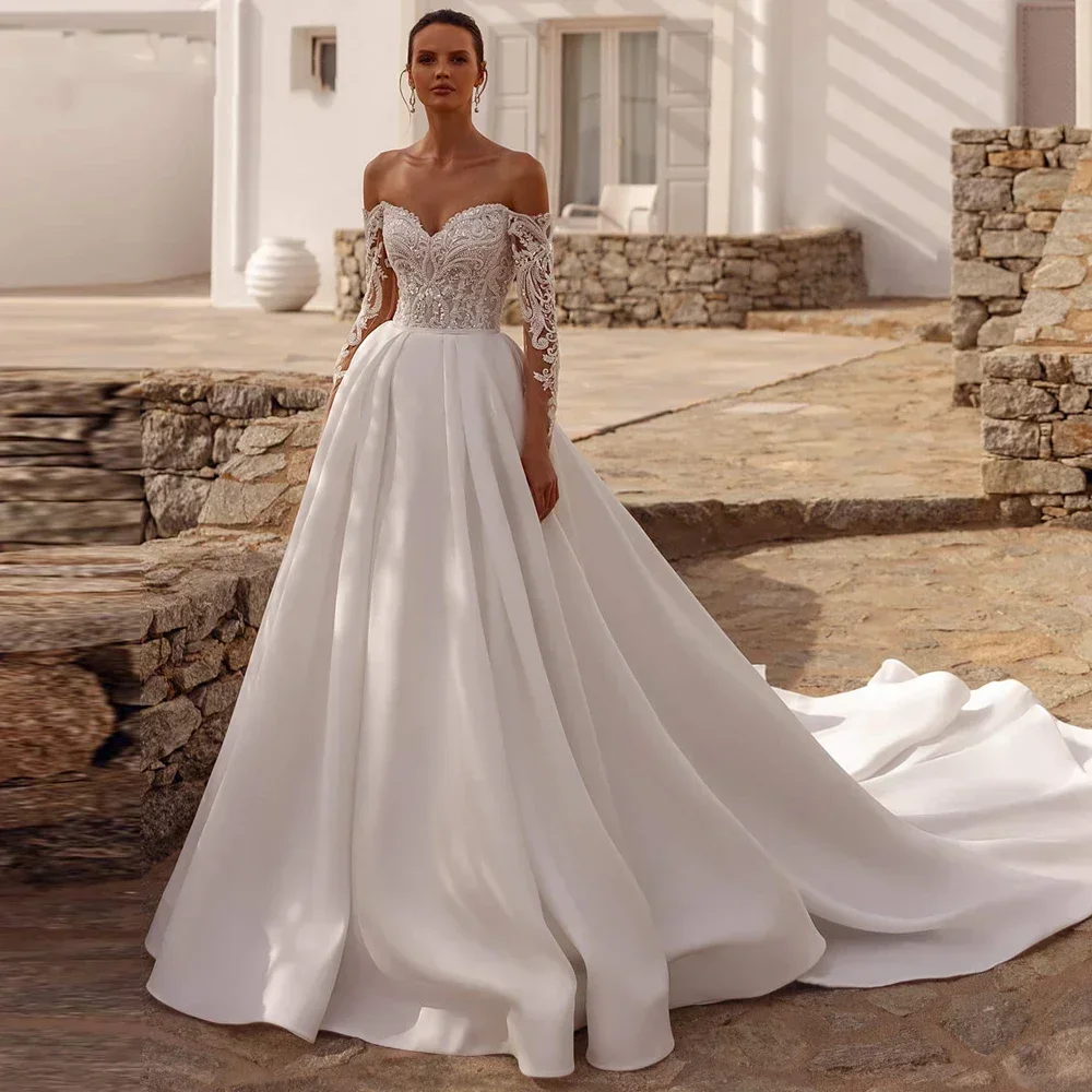 Maßgeschneiderte elegante A-Linie Satin Brautkleider für Frauen Spitze mit langen Ärmeln Brautkleid formale SpitzeApplique Vestidos De Novia