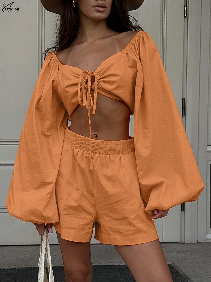 

Oymimi Fashion Orange Cotton 2 Piece Sets Woman Outfits Elegant V-Neck Puff Sleeve Lace-Up Crop Tops And Mid Waist Shorts Sets