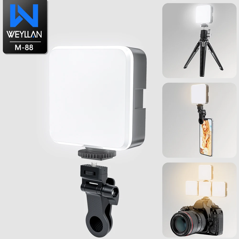 WEYLLAN مصباح ليد للكاميرا وحامل ثلاثي القوائم صغير محمول لصور السيلفي وإضاءة فيديو قابلة لإعادة الشحن حذاء بارد قابل للتعديل 3 أوضاع إضاءة