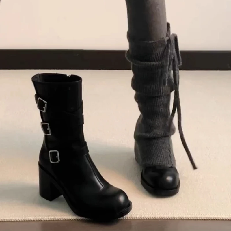 Designer High Heels Women's Boots Elegant Leather Shoes Woman 2025 Winter Warm Fur Snow Boots Chunky Shoes Buckle Ankle Botas