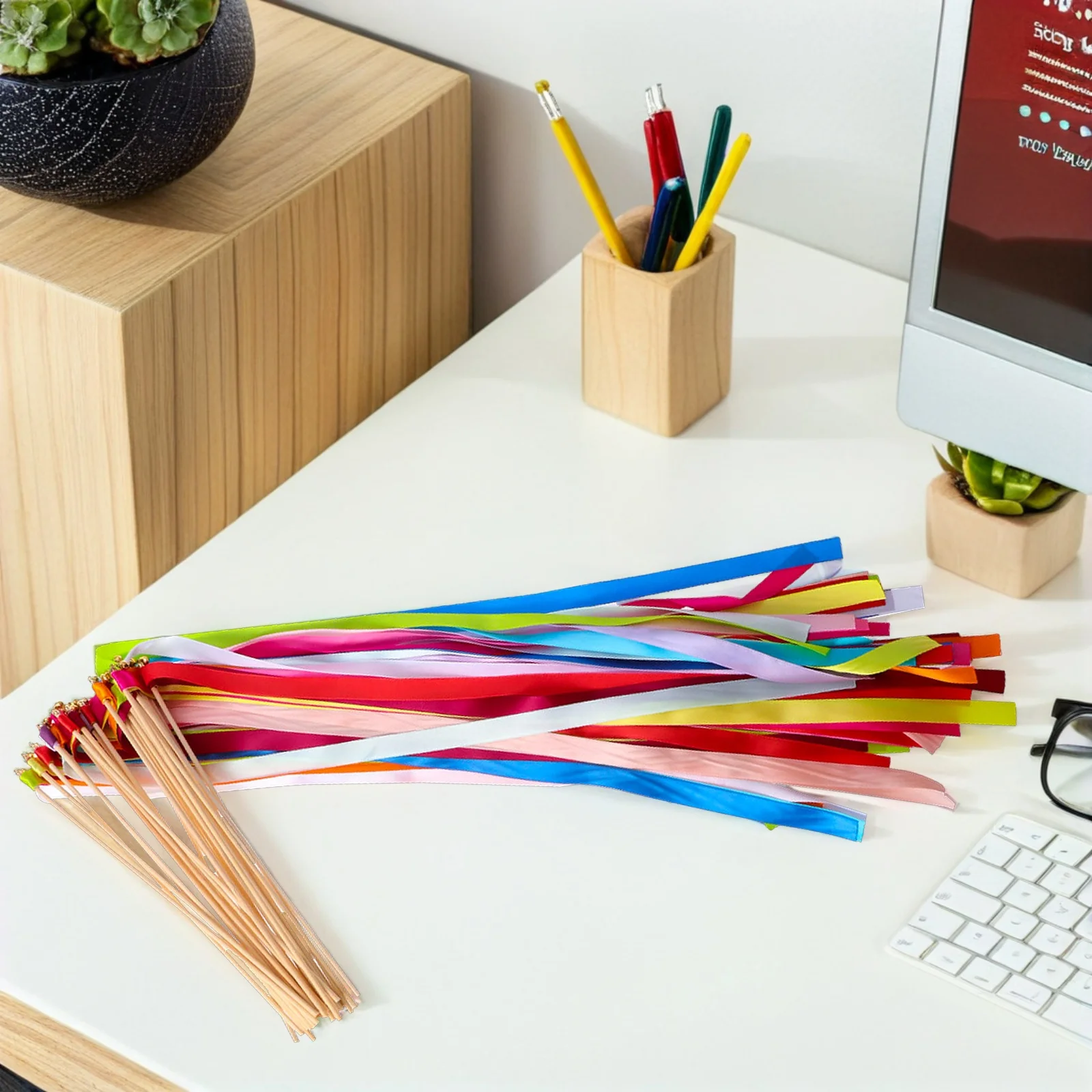 

20pcs Fairy Wand Sticks Colorful Ribbon Bells Jingle Wood Party Favors Wedding Ceremony Stage Performance Sports Meetings