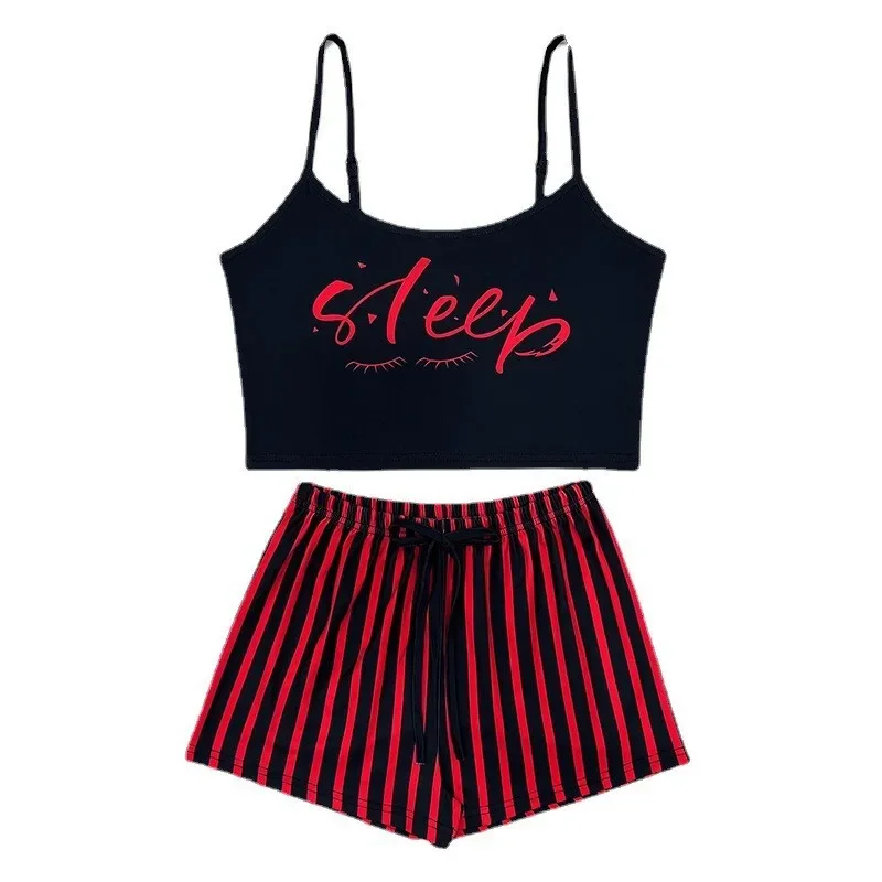 Top Fashion Women Home Clothing Suspended Pajamas with Drawstring Shorts Set Home Wear Letter Stripe Printed Nightgown Sleepwear