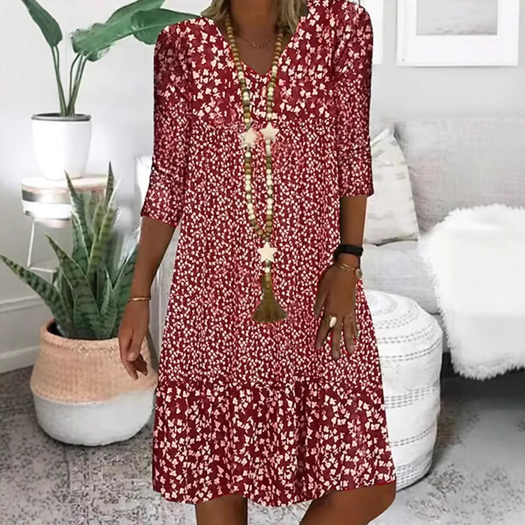 2025 夏の新プリントミッドスリーブ V ネックファッションカジュアルルーズミッドレングスドレス女性 Vestidos デ フィエスタ