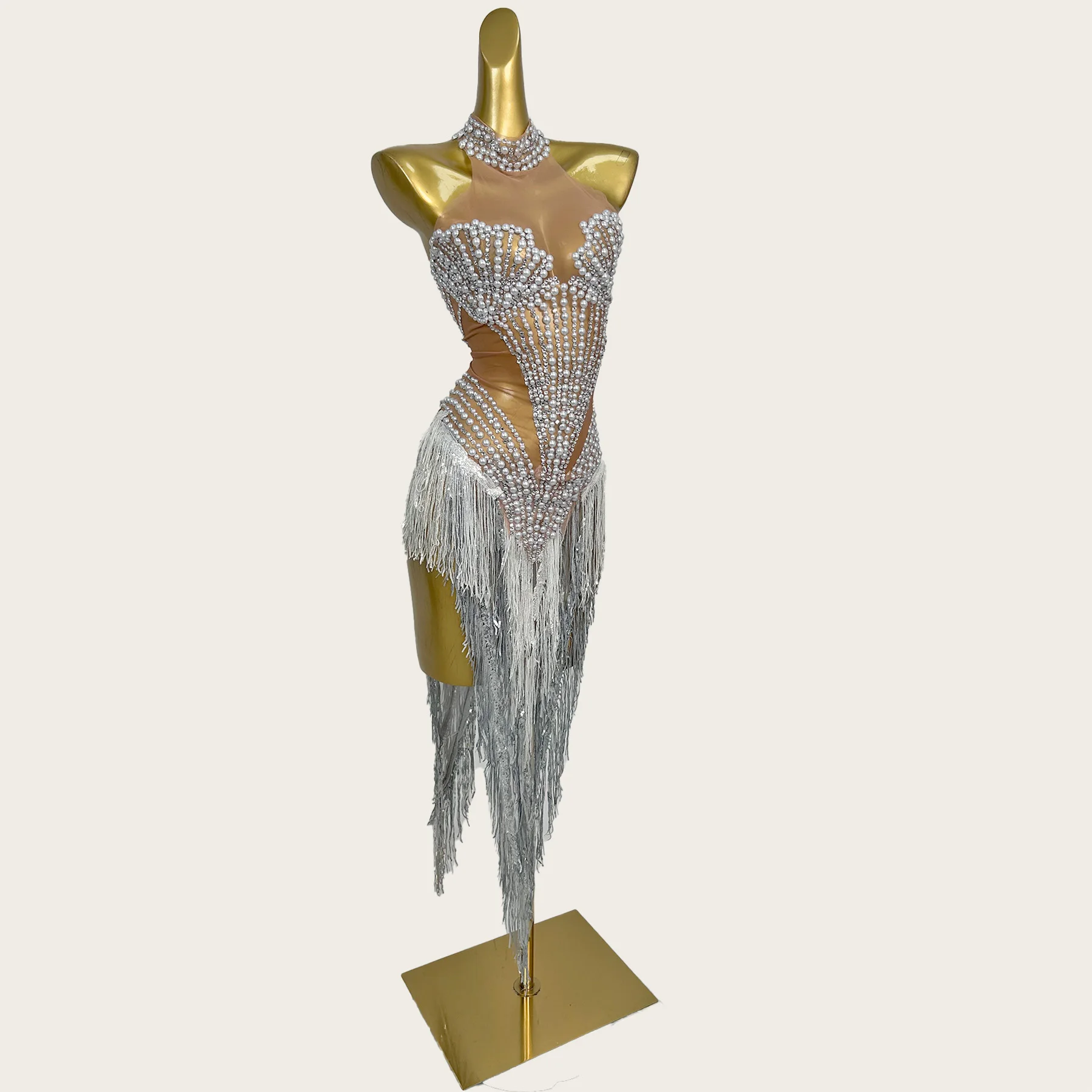 

Sparkly Rhinestone Pearls Mini Dress Valentine's Day Party Latin Dance Outfit Festival Celebrate Stage Performance Wear Shanbei