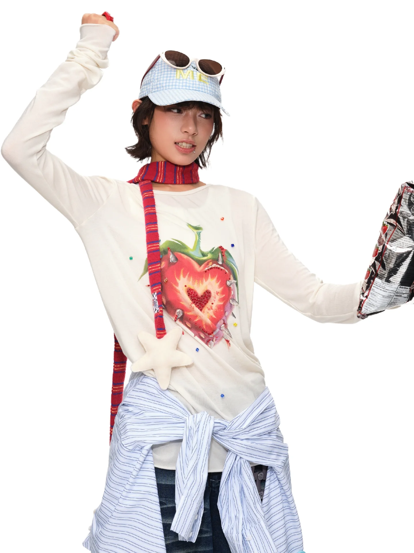 

Женская свободная базовая футболка с клубничным принтом, повседневная, с длинным рукавом, удобного кроя, женский топ Oink Oink Rivet