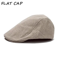 FLAT CAP Summer Mens Beret Linen Peaked Cap Adjustable Newsboy Cap Breathable Vintage Solid Black Ivy Duckbill Hat