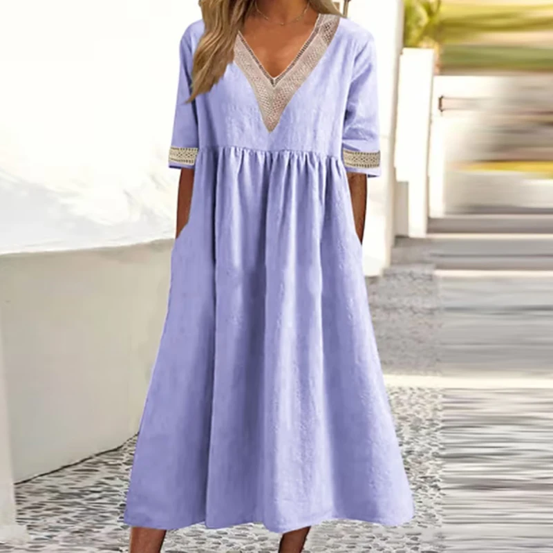 Women Elegant V-neck Party Dress Summer 2023 Fashion Solid Half Sleeve Cotton Linen Long Dress Ladies Casual Loose Dress