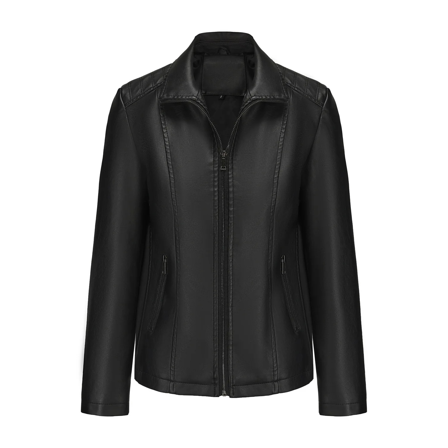 Fashion Women's Casual Pu Jacket Ladies Autumn Winter Solid Faux Leather Zipper Loose Fit Simple Patchwork Motocycle Biker Coats