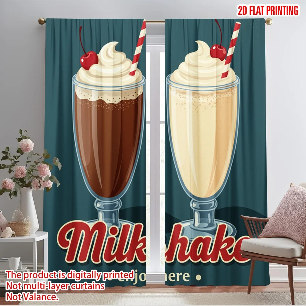 

2pcs 2D flat printing Window Treatment Curtains Chocolate Vanilla Milkshake Enjoy Here Polyester Without Electricity Seasonal