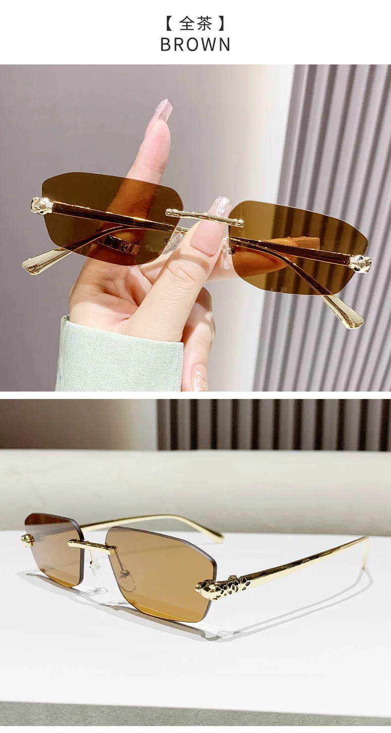 Classic Frameless Small Frame Fashion Sunglasses Metal Polygonal Cheetah Sunglasses High-End Luxury Retro Sunglasses Women UV400