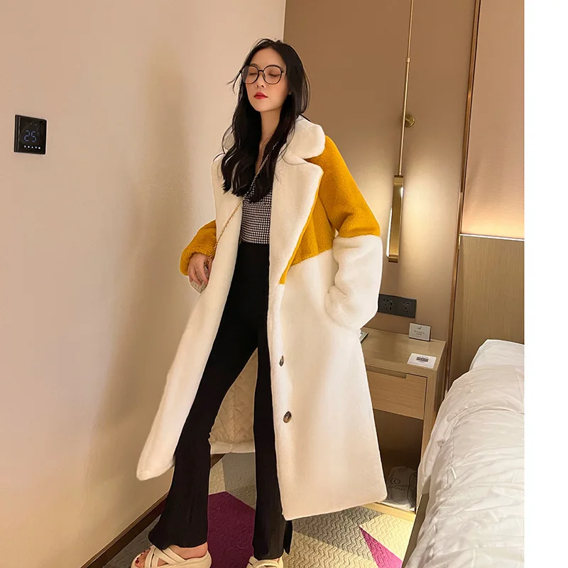 Imitation Fur Color Matching Suit Collar Fur Warm Coat New Thickened Medium and Long Fur Coat Women