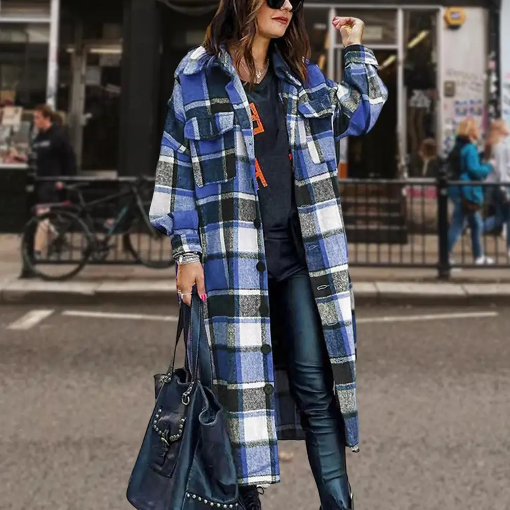 

Women Jacket Lapel Color Matching Plaid Print Thick Coat Loose Long Sleeve Mid Length Streetwear Lady Commute Coat
