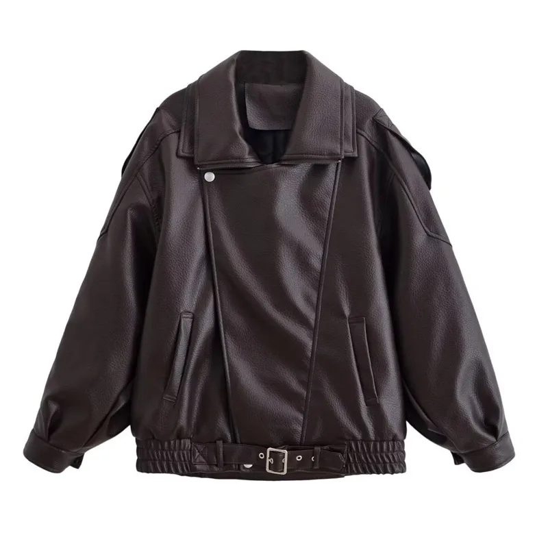 EAEOVNI High Street Leather Jacket Women Fashion Lapel Patchwork Zipper Design Gathered Waist Coat Streetwear New Clothing