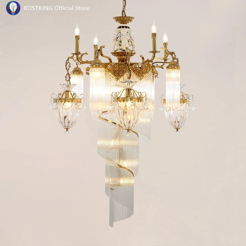 

12 Lights Classical Lost Wax Brass Large Hanging Pendant Lamp Glass Blown Chandelier Cascading Spiral Crystal Chandeliers