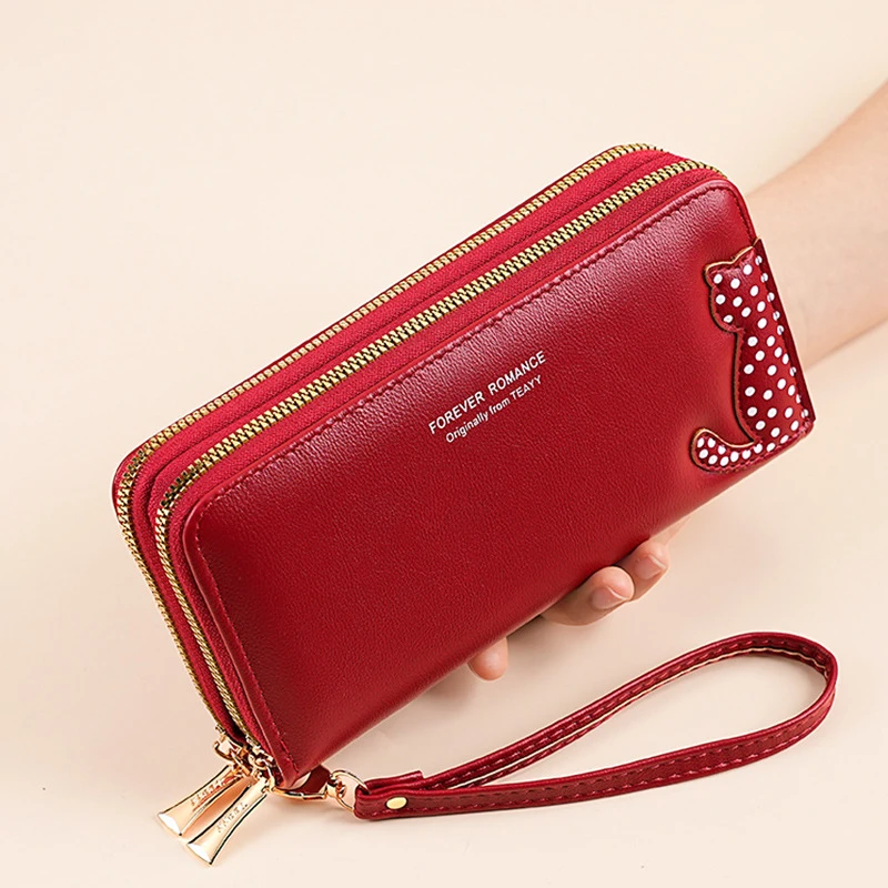

Long Wallet for Women Female Double Zipper Coin Purse Leather Card Holder Wristband Mobile Phone Bag Handbag Clutch Money Pocket
