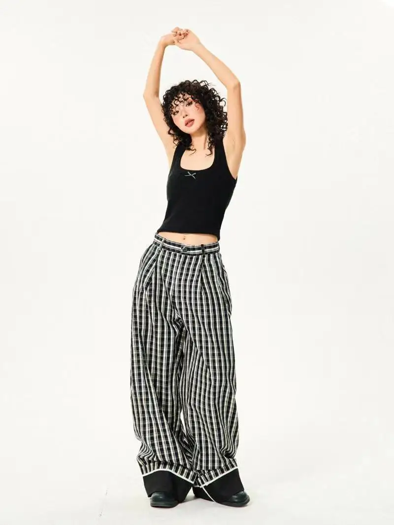 American Retro Black and White Checkered Pants 2024 Women's New Autumn High Waisted Straight Leg Loose Floor Length Casual Pants