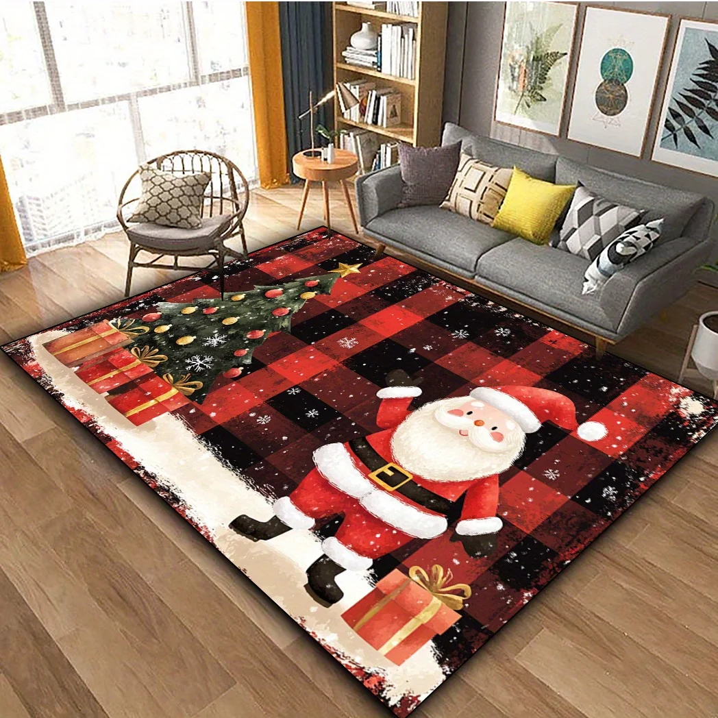 VIKAMA Christmas Area Rug Buffalo Plaid Santa Claus Xmas Tree Gift Box Print Non‑Slip Washable Living Room Home Floor Mat