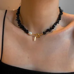 Minar Hot Sale Black Color Irregular Natural Stone Baroque Pearl OT Toggle Clasp Strand Beaded Chokers Necklaces for Women Lady