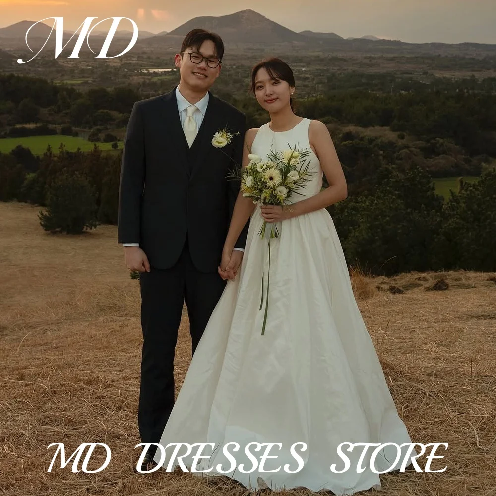 MD Simple col rond a-ligne robe de mariée taffetas sans manches corée Photoshoot longueur au sol personnalisé Corset robe de mariée 2025 Dende