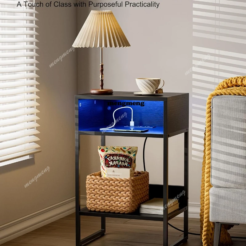 LED Nightstand with Charging Station USB A&C Ports Storage Compartment Bed Side End Table with Color Charging Light Strip Black