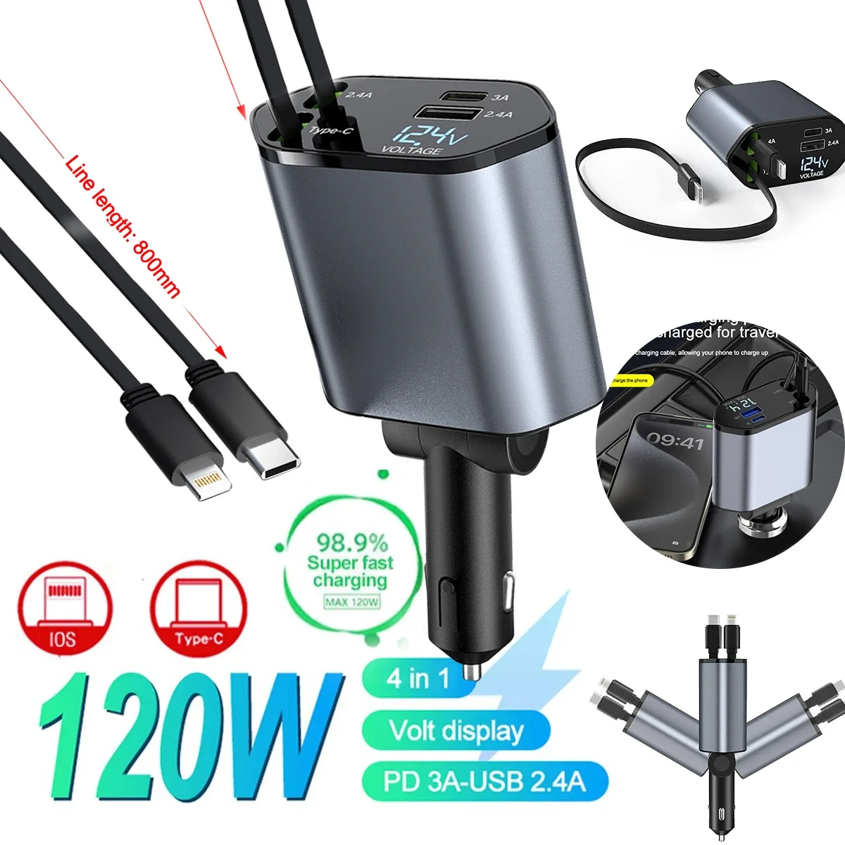 

120W 4 IN 1 Retractable Car Charger USB C Cable For IPhone Huawei Samsung Fast Charge Cord Cigarette Lighter Adapter PD QC3.0