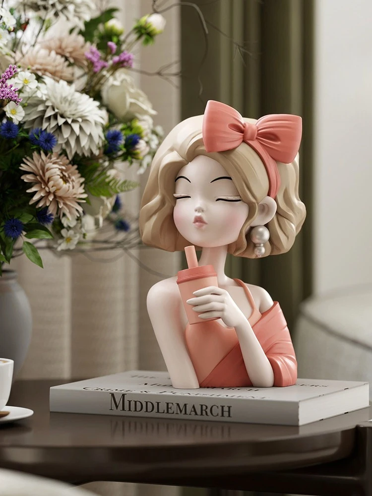 

Декоративная статуэтка девочки с молочным чаем для дома, креативное украшение для рабочего стола, скульптура для офиса, милый подарок на день рождения