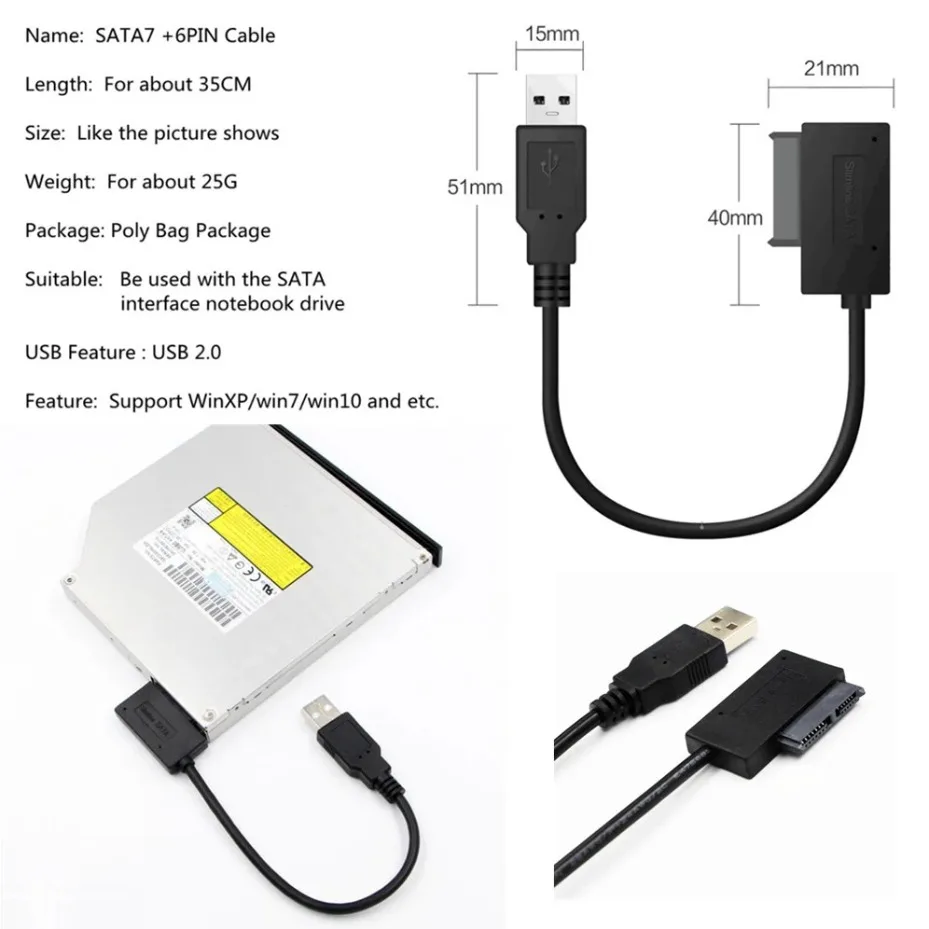 USB 2.0 to Mini SATA II 7+6 13Pin Adapter Converter Cable for Laptop CD/DVD ROM Slimline Drive